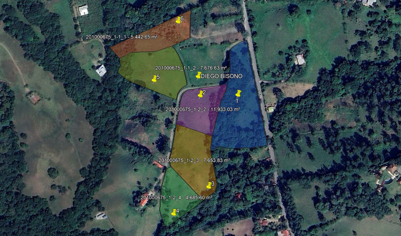 Aerial view showing the six original colored parcels